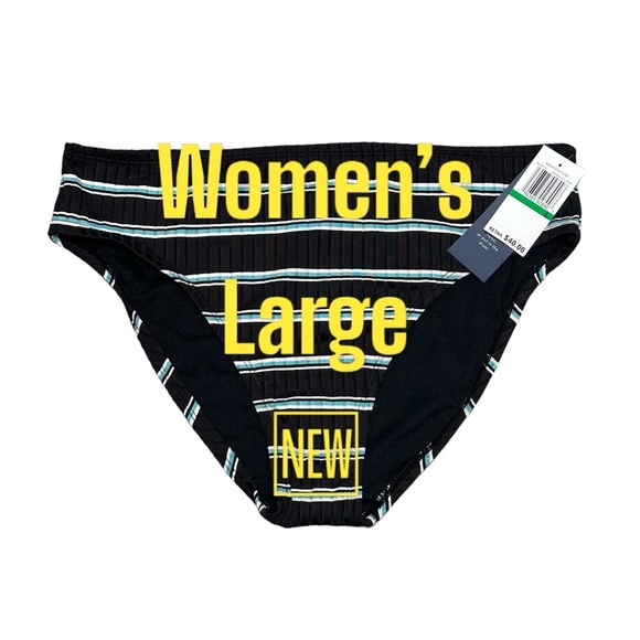 Aqua Couture Large Swim Bikini Bottom Hipster Stripe Black Blue Swimwear NWT - Picture 2 of 9